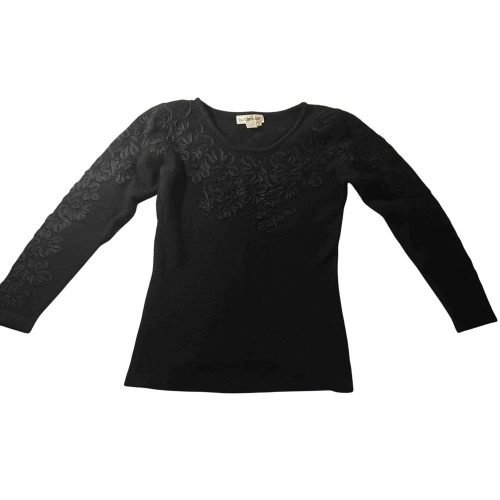 Outlander Floral Embroidered Knit Sweater Womens Size‎ S Black Wool Angora Blend